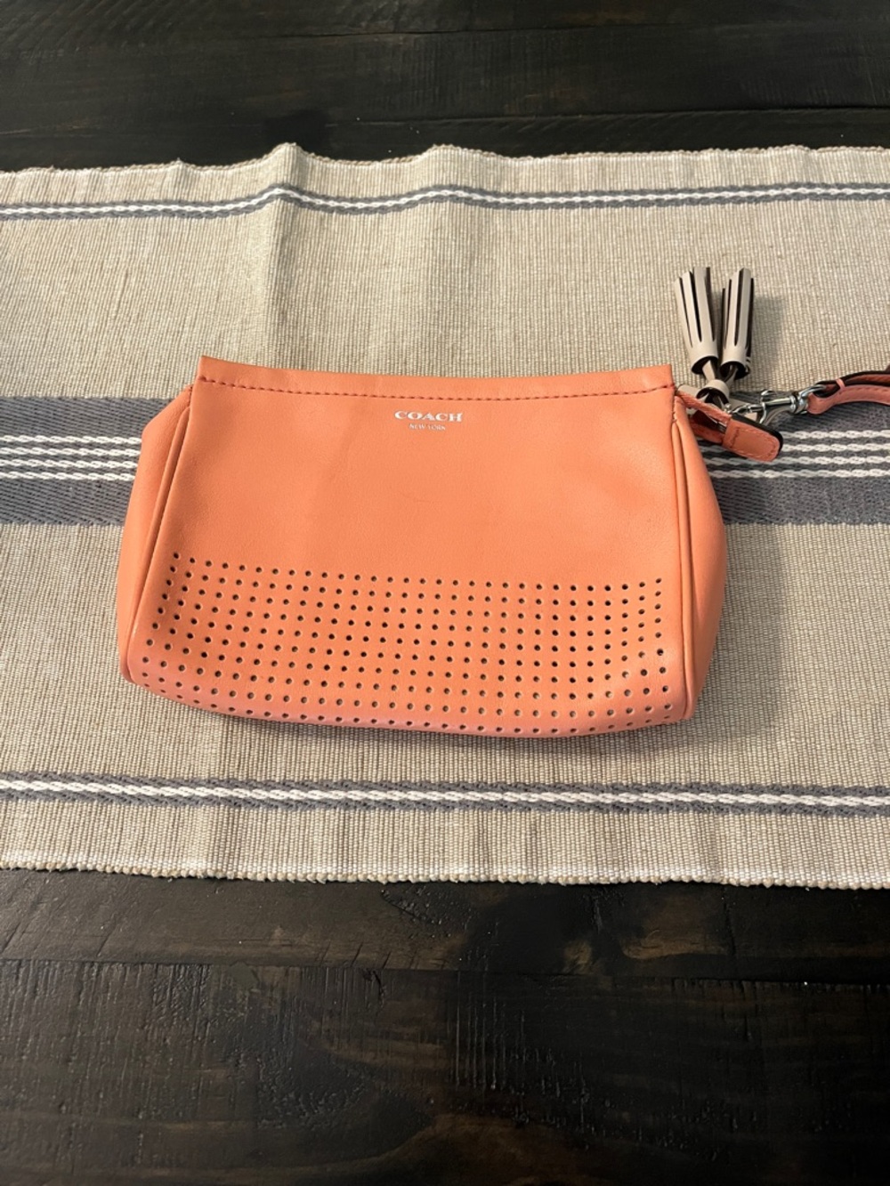 Coach Legacy Perforated Leather Large Wristlet Clutch - Coral/Salmon